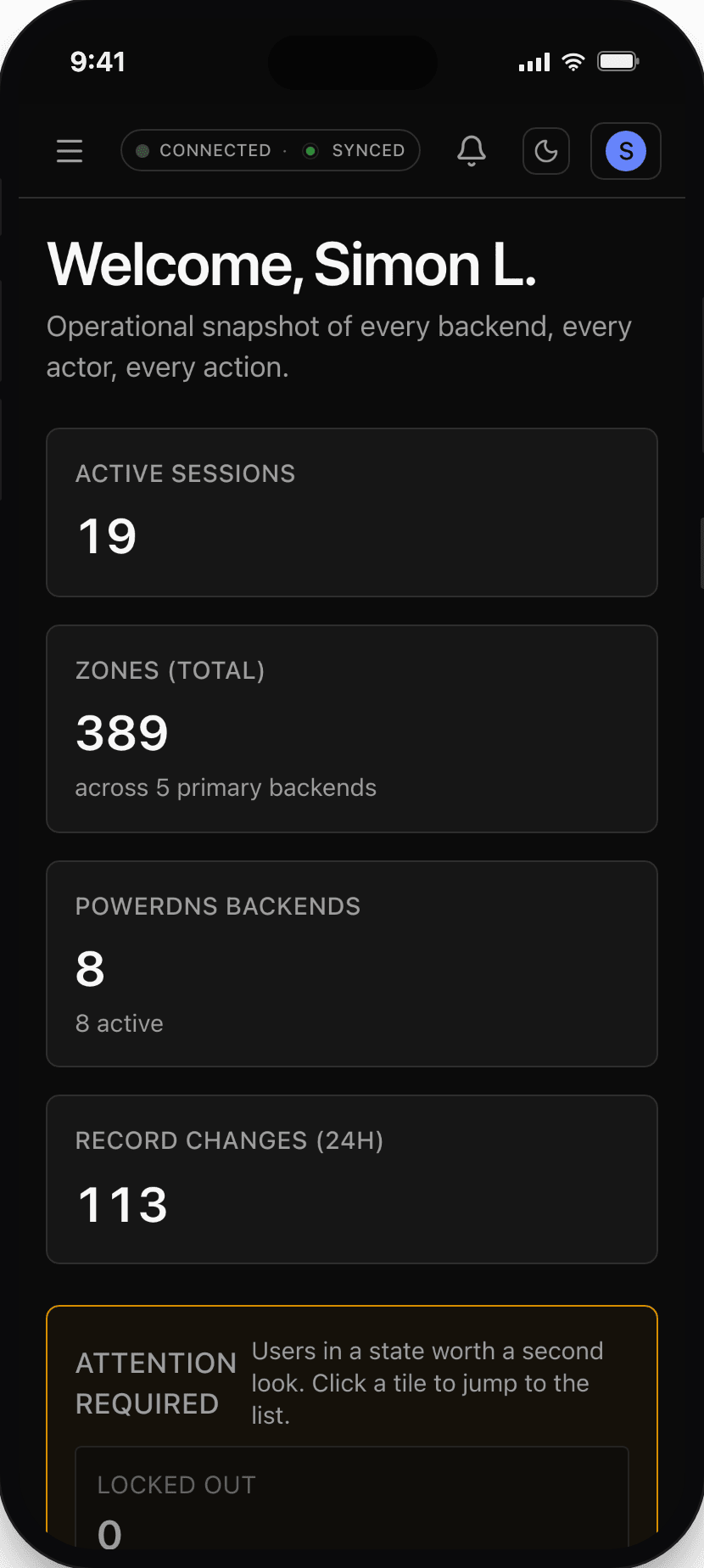 Operational dashboard: PowerDNS-AuthAdmin dashboard screen on a phone