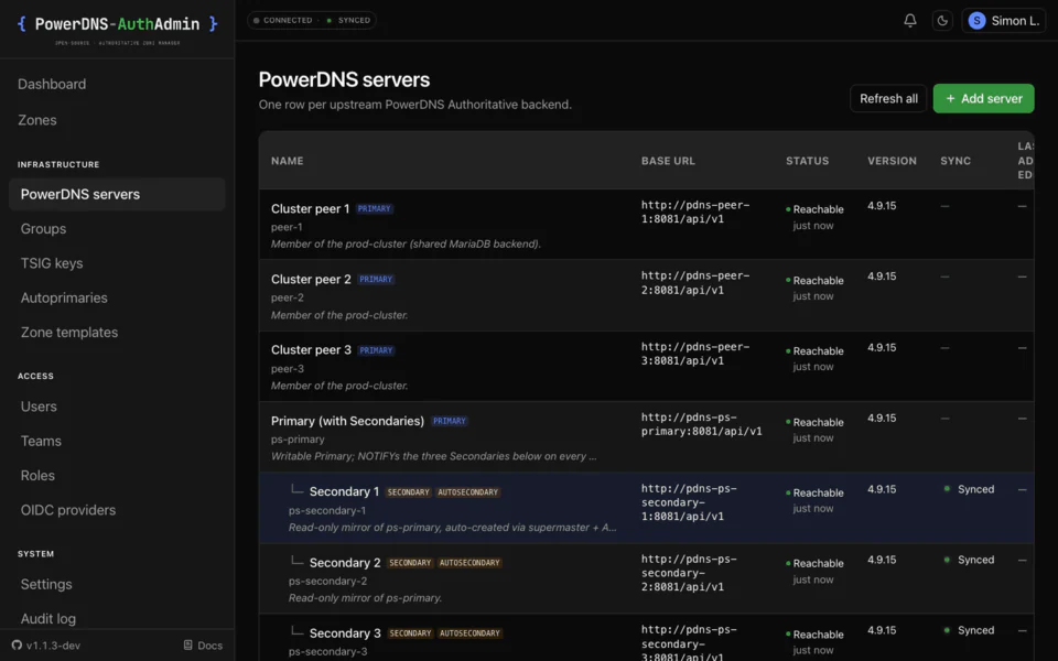Clusters and secondaries: PowerDNS-AuthAdmin backends screen on desktop
