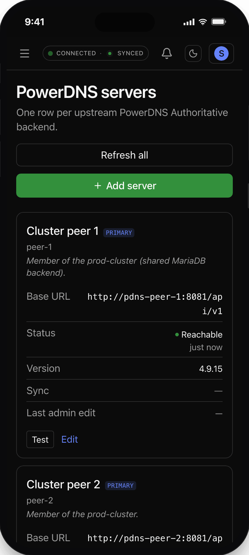 Clusters and secondaries: PowerDNS-AuthAdmin backends screen on a phone