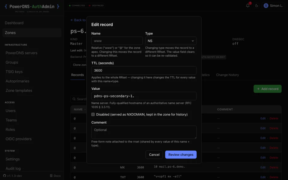 Per-RRset record editor: PowerDNS-AuthAdmin editor screen on desktop