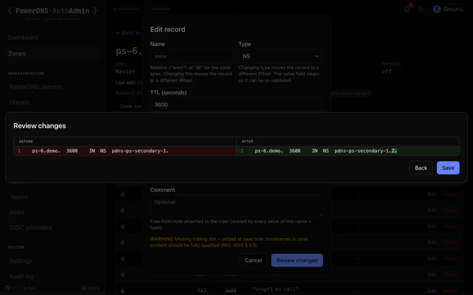 Diff before apply: PowerDNS-AuthAdmin diff screen on desktop