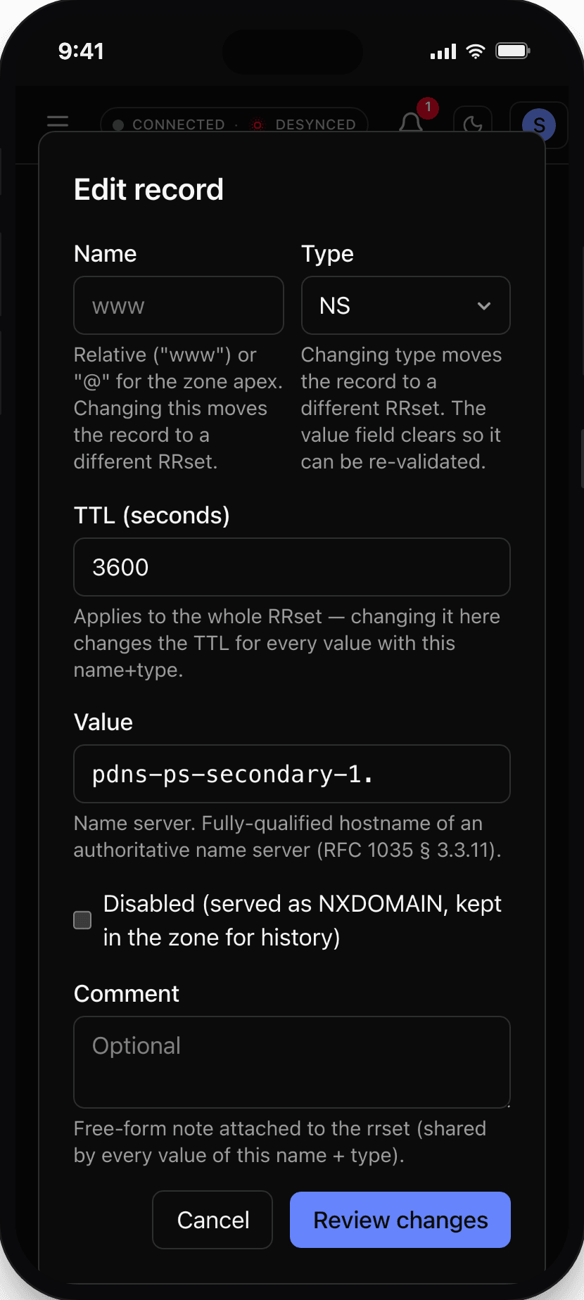 Per-RRset record editor: PowerDNS-AuthAdmin editor screen on a phone