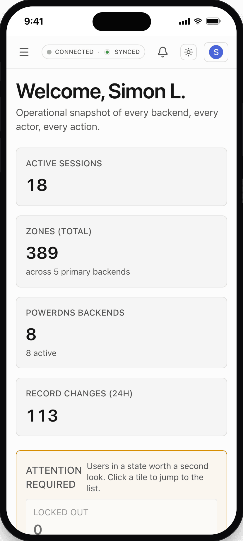 Operational dashboard: PowerDNS-AuthAdmin dashboard screen on a phone