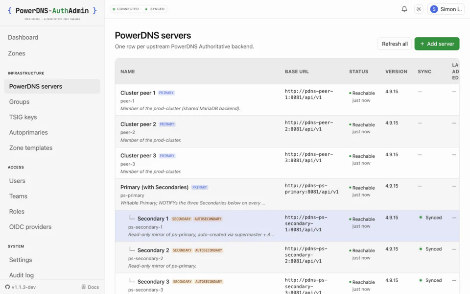 Clusters and secondaries: PowerDNS-AuthAdmin backends screen on desktop