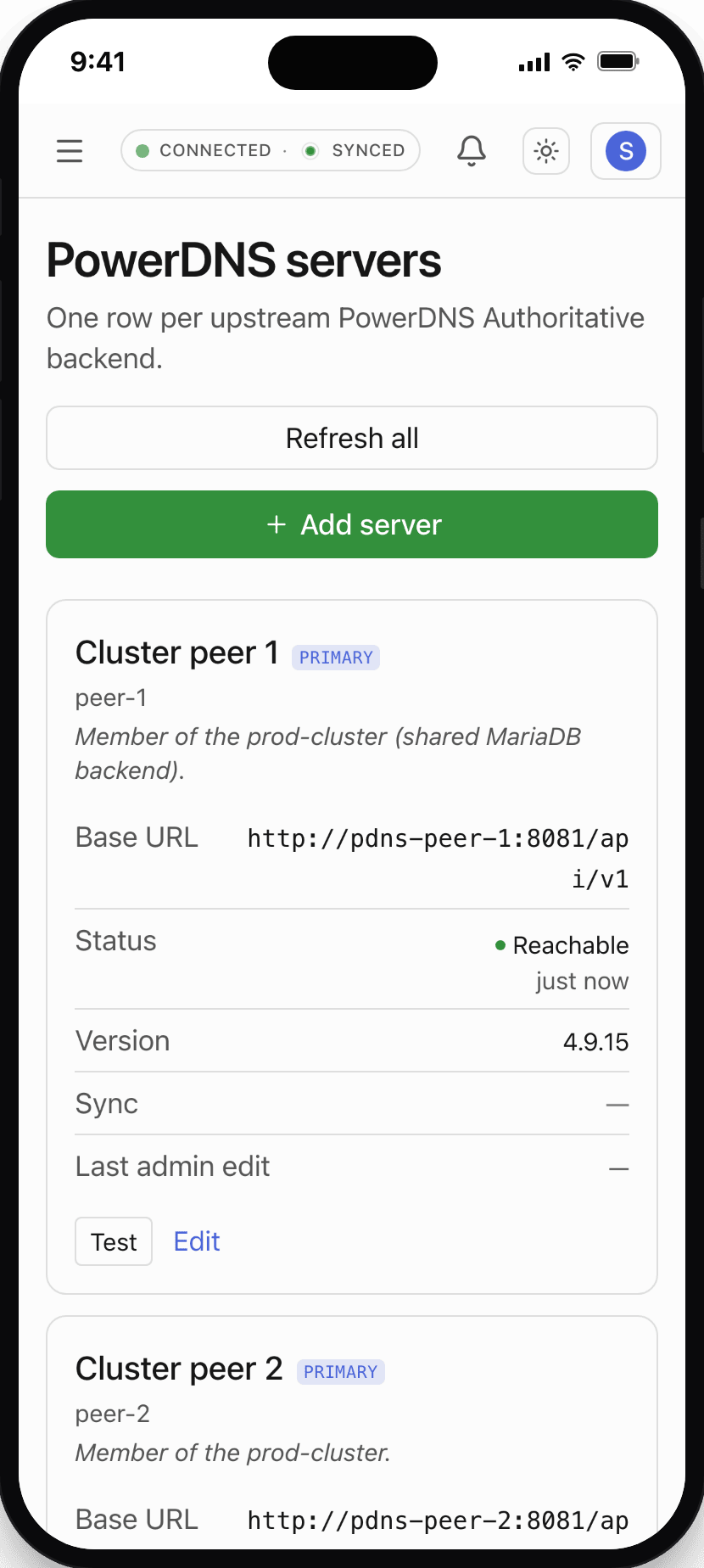 Clusters and secondaries: PowerDNS-AuthAdmin backends screen on a phone