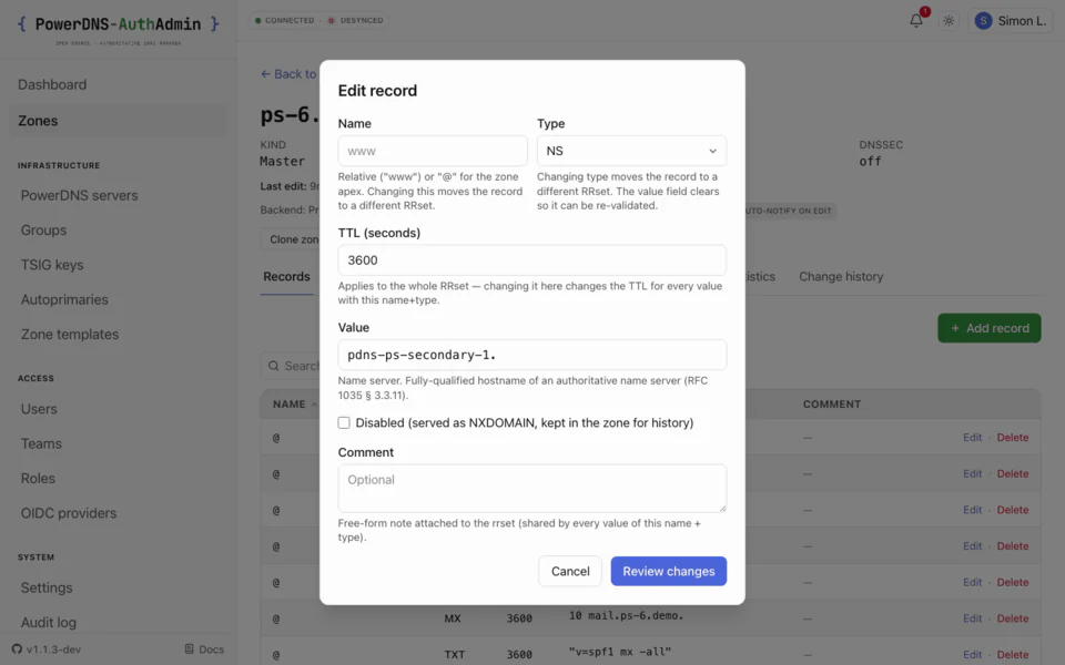 Per-RRset record editor: PowerDNS-AuthAdmin editor screen on desktop