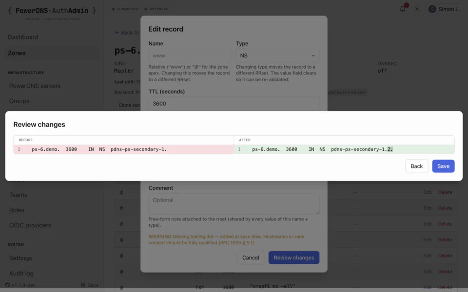 Diff before apply: PowerDNS-AuthAdmin diff screen on desktop