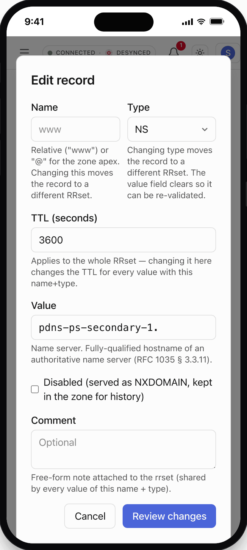 Per-RRset record editor: PowerDNS-AuthAdmin editor screen on a phone